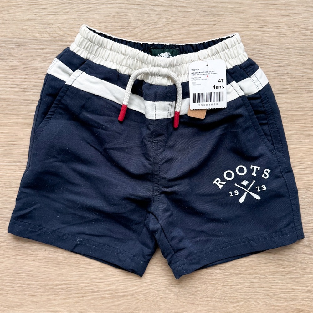 NWT Roots Kids Cabin Packable Swim Shorts 4T Toddler Navy Blue Canada Nautical